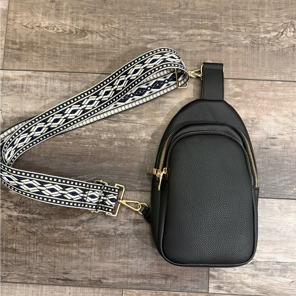 Black Crossbody Bag with Patterned Strap